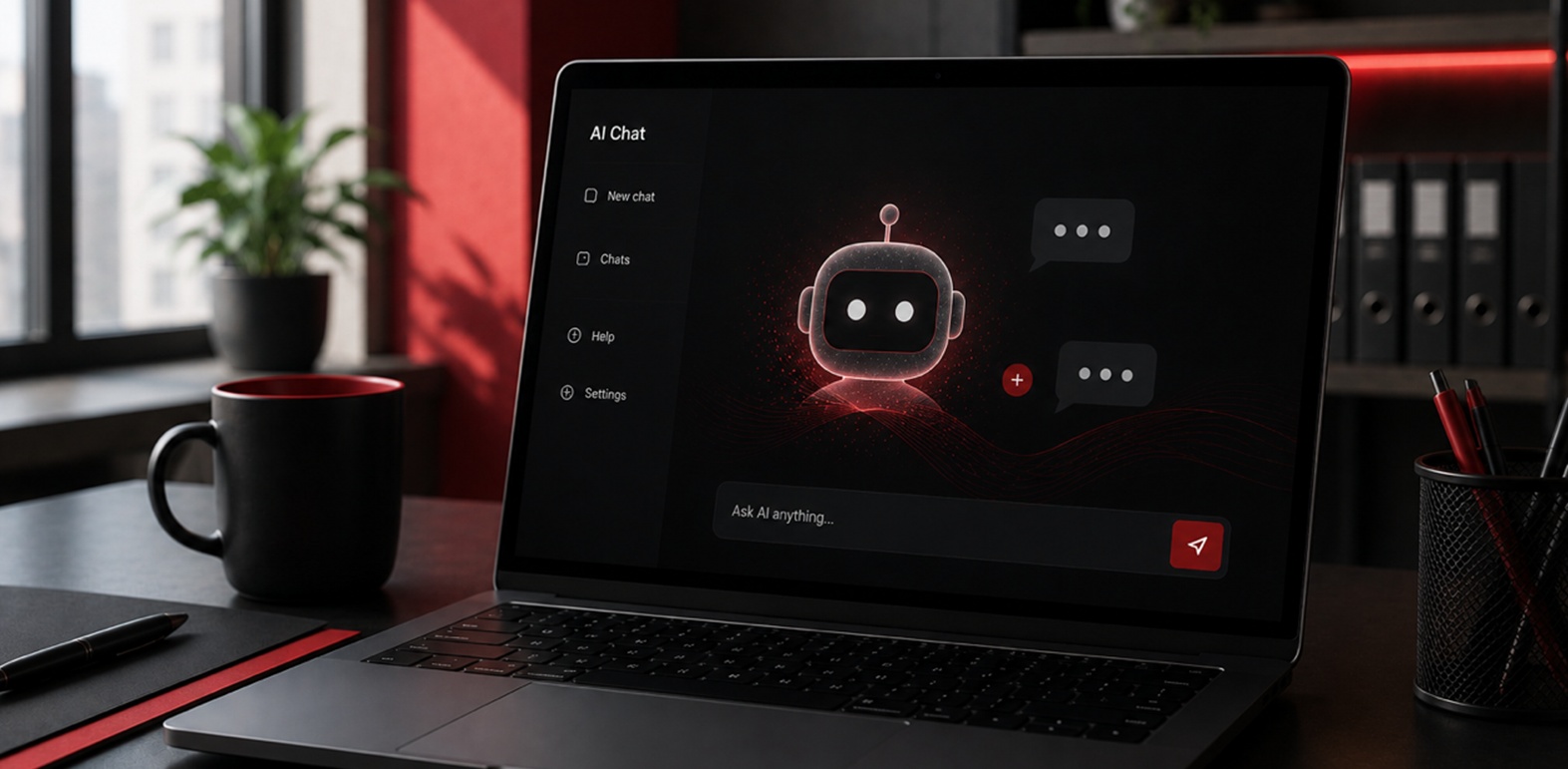 A laptop on a dark desk showing an AI chat interface, with an empty prompt field waiting for a question