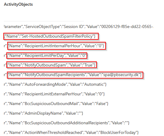 The ActivityObjects column expanded, showing the policy's settings as name and value pairs including NotifyOutboundSpamRecipients and the outbound spam limits