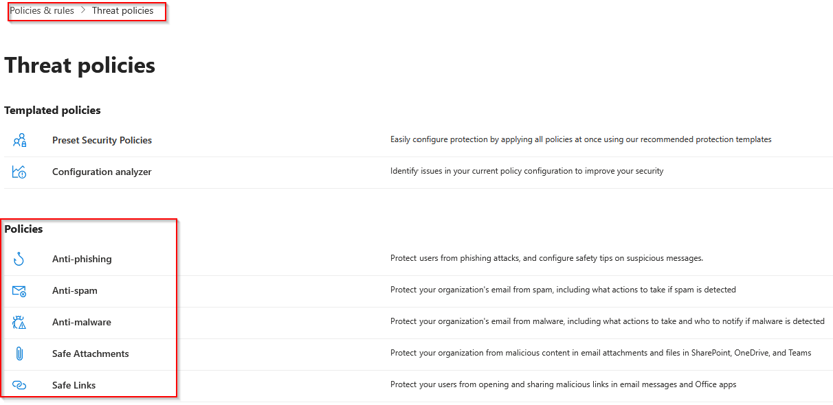 The Threat policies page in the Microsoft Defender portal, with the Policies section listing Anti-phishing, Anti-spam, Anti-malware, Safe Attachments and Safe Links