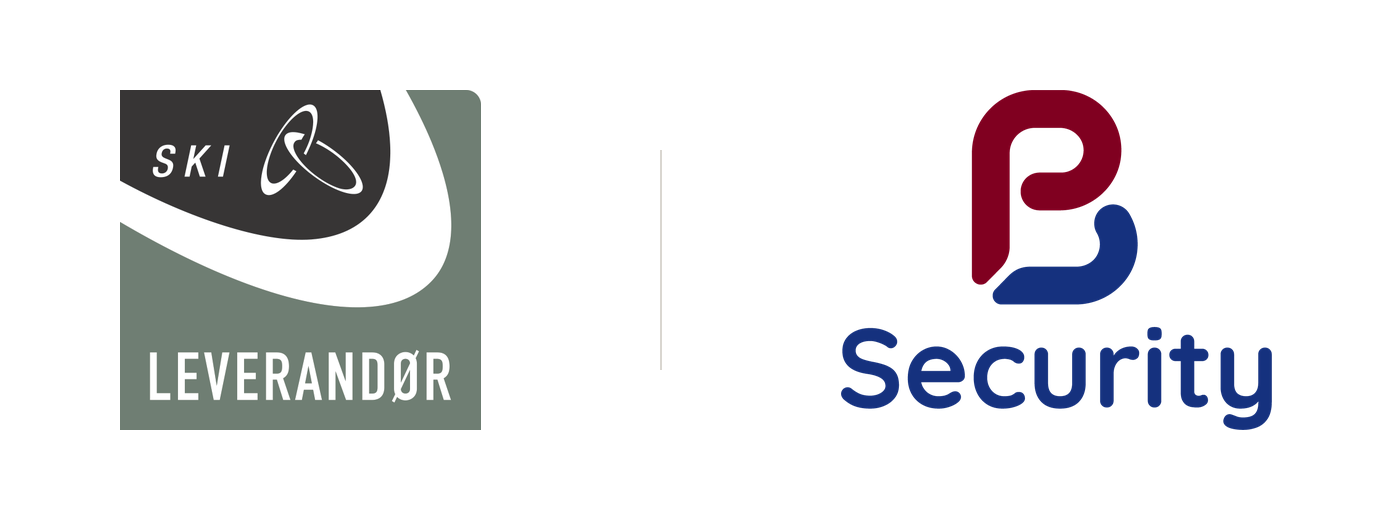 SKI's LEVERANDØR mark and the PB Security logo, side by side and separated by a rule